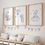 Watercolor teddy bear in light blue and gray colors for toddler and baby boys room decor.