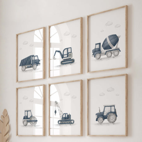 Watercolor construction vehicle prints in panel dark blue for toddler and boys nursery room decor.