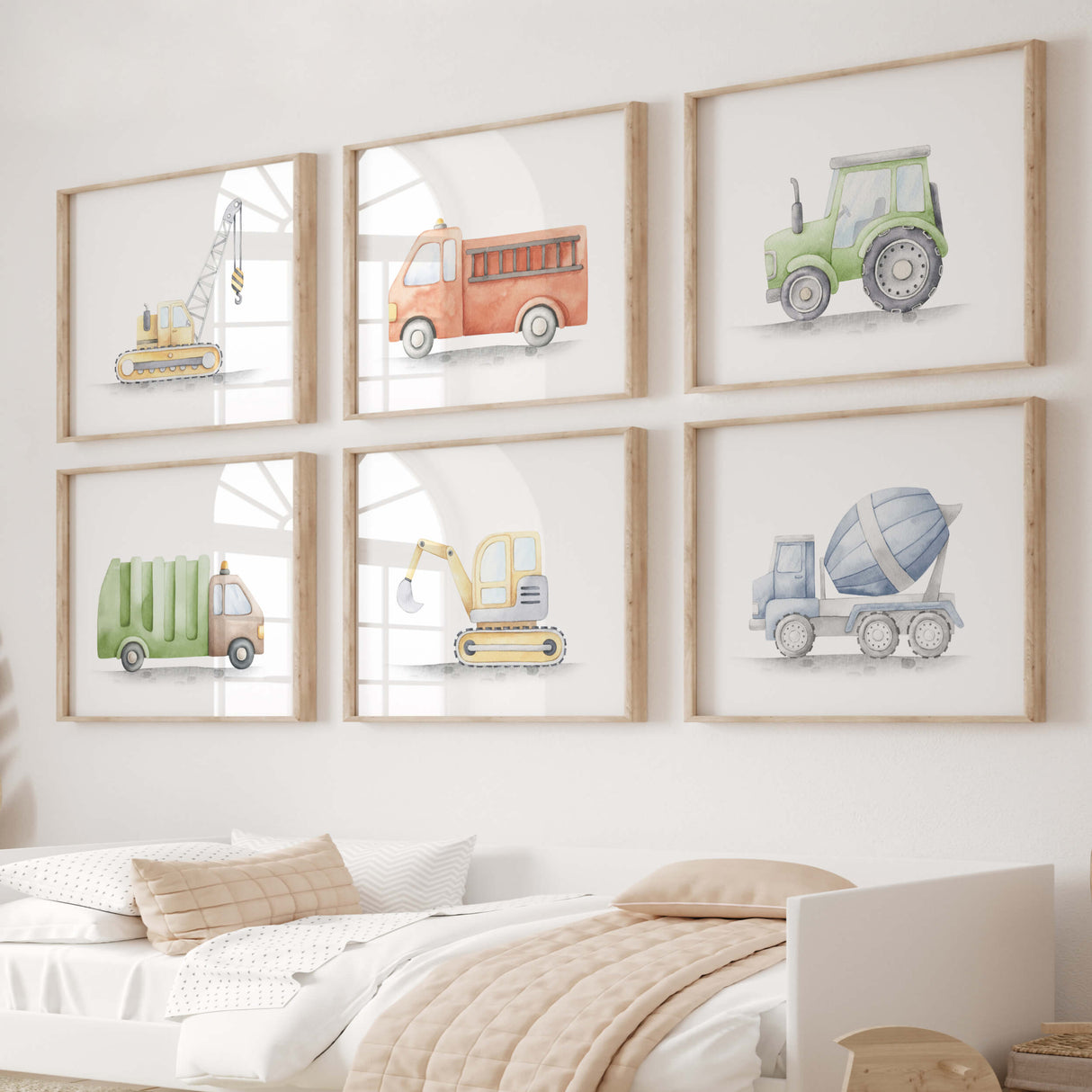 Set of 6 watercolor transport print for toddler and neutral nursery room decor.