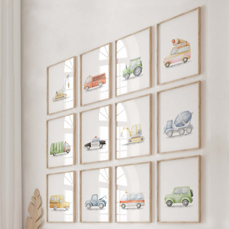 Set of 12 watercolor transport print for toddler and baby boys room decor.