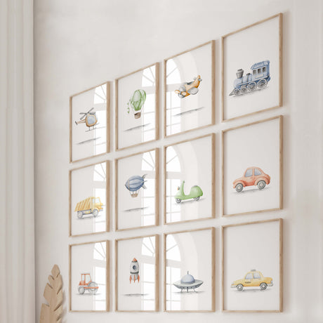 Set of 12 watercolor transport nursery print for toddler and baby boys room decor.