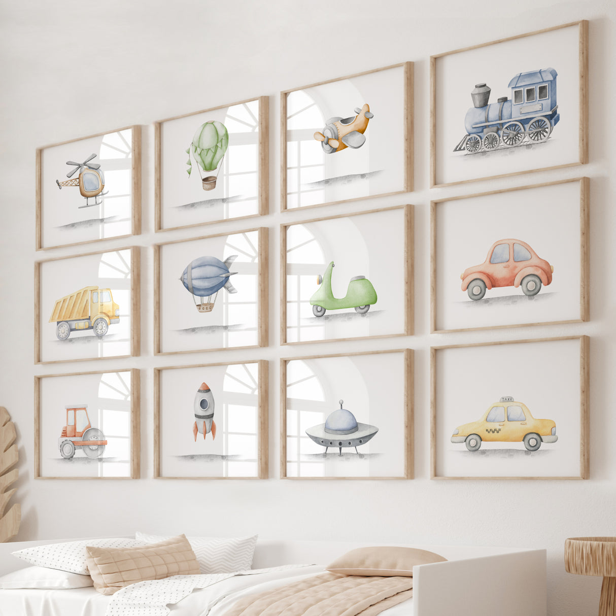 Watercolor transport print for toddler, boys and neutral nursery decor.