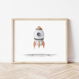 Watercolor spaceship print for toddler, boys and neutral nursery decor.