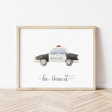 Watercolor transport print with police car for toddler room decor, baby boys room decor, nursery decor