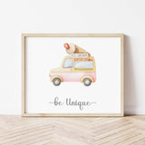 Watercolor transport print with icecream car, be unique quote for toddler room decor, baby boys room decor, nursery decor