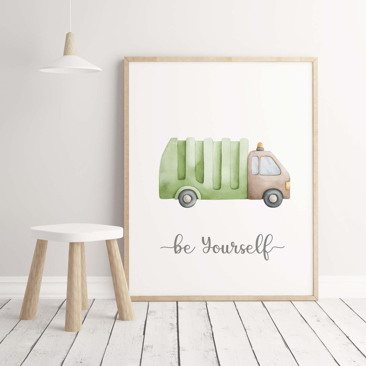 Watercolor transport print with trash truck, be yourself quote for toddler room decor, baby boys room decor, nursery decor.