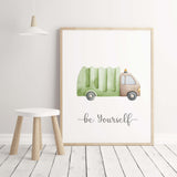 Watercolor transport print with trash truck, be yourself quote for toddler room decor, baby boys room decor, nursery decor.