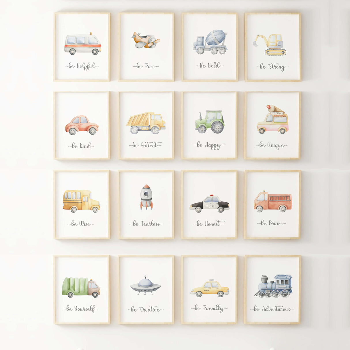 Watercolor transport printable with quote for toddler room decor, baby boys room decor, nursery decor, quote: be helpful, be free, be bold, be Strong, be kind, be patient, be happy, be unique, be wise, be fearless, be honest, be brave, be yourself, be creative, be friendly, be adventurous, transports: ambulance car, airplane, cement mixer, digger, car, dump truck, tractor, ice cream car, bus, spaceship, police car, fire truck, trash car, UFO, taxi, train