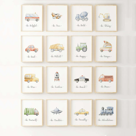 Watercolor transport printable with quote for toddler room decor, baby boys room decor, nursery decor, quote: be helpful, be free, be bold, be Strong, be kind, be patient, be happy, be unique, be wise, be fearless, be honest, be brave, be yourself, be creative, be friendly, be adventurous, transports: ambulance car, airplane, cement mixer, digger, car, dump truck, tractor, ice cream car, bus, spaceship, police car, fire truck, trash car, UFO, taxi, train