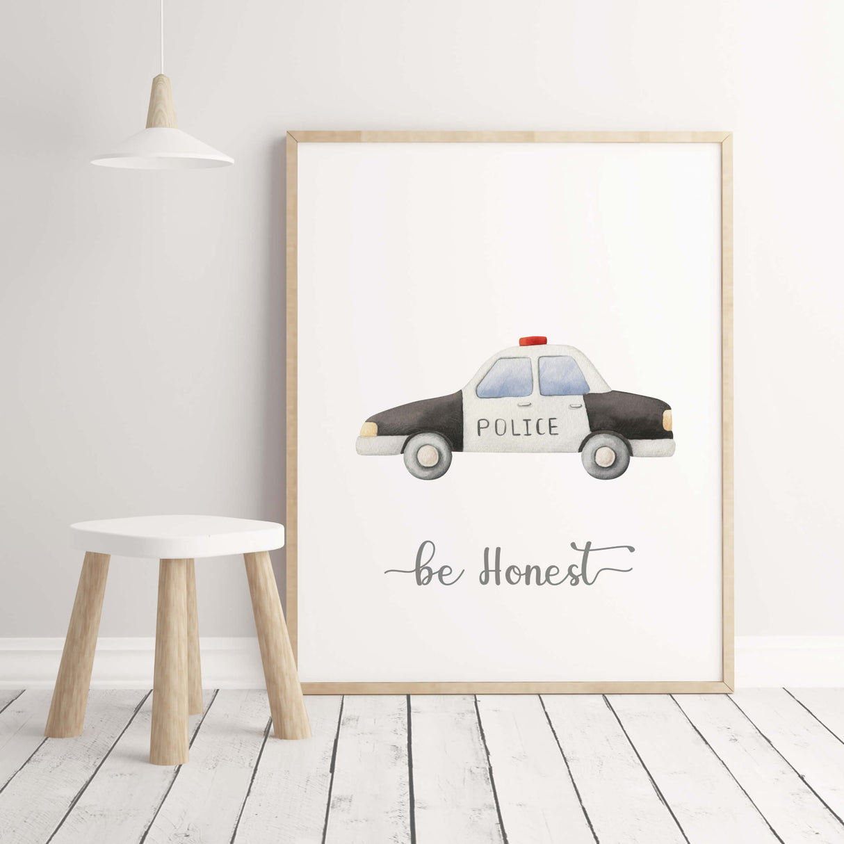 Watercolor transport print with police car, be honest quote for toddler room decor, baby boys room decor, nursery decor.