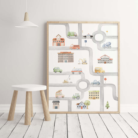 Watercolor transport map print for toddler room decor, baby boys room decor.