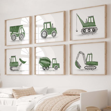 Watercolor construction vehicle print in hunter green colors for toddler room decor, baby boys room decor and kids room decor.