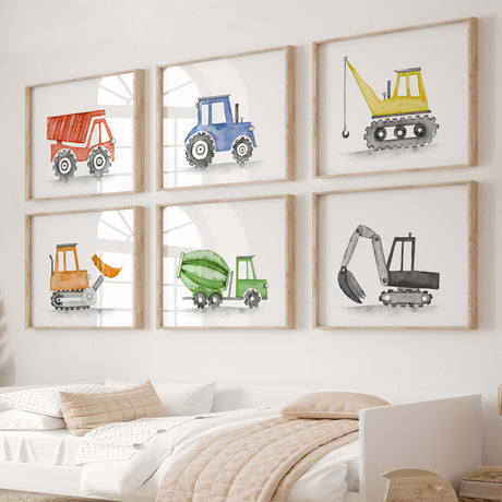 Watercolor colorful construction vehicle print for toddler room decor, baby boys room decor, nursery room decor, vehicles: tractor, cement mixer, crane, digger, dump truck, bulldozer.