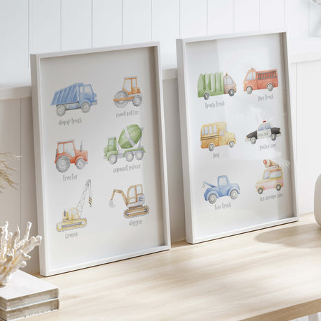 Set of 2 watercolor transport and construction vehicle print for toddler, boys room decor and neutral nursery decor.