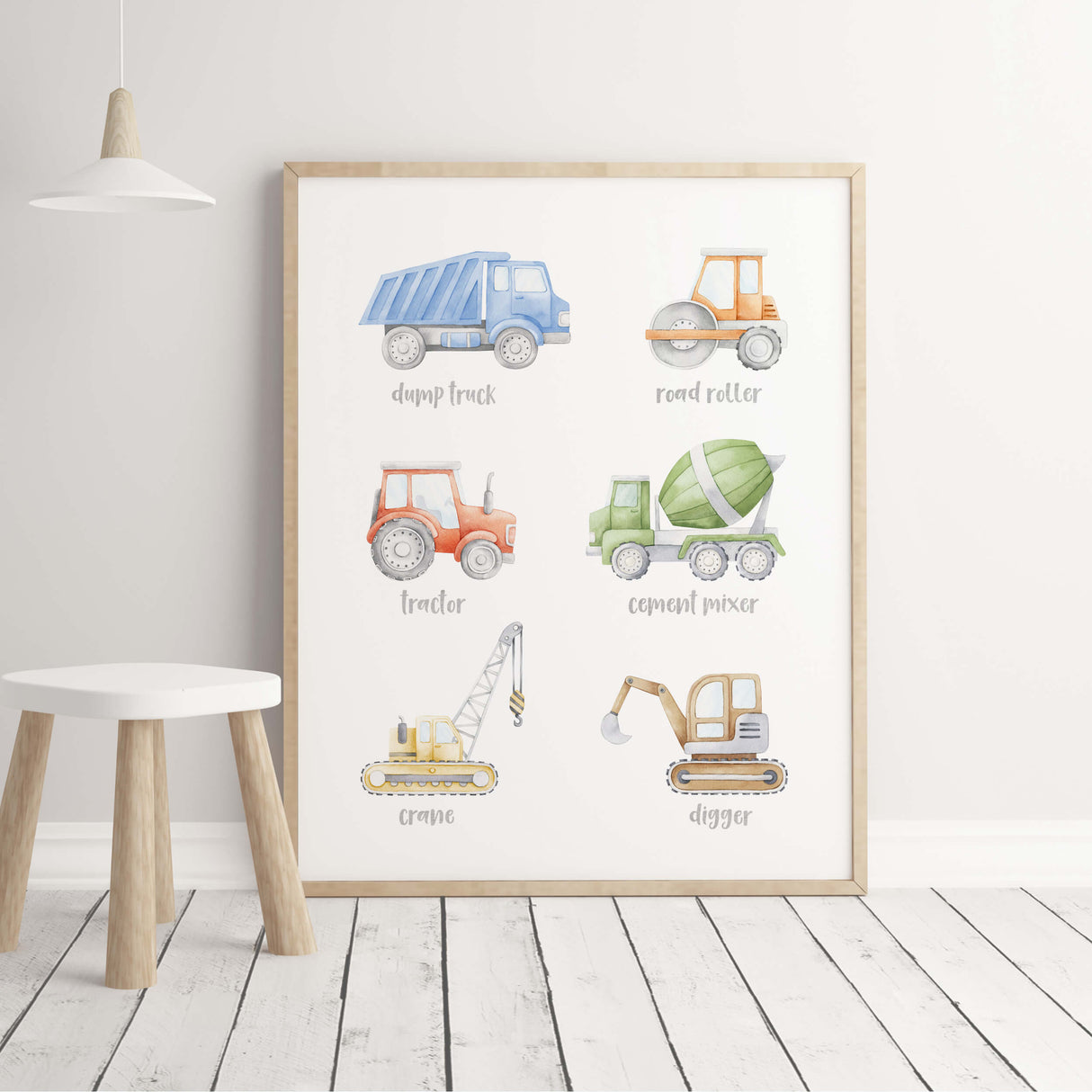 Set of 2 watercolor education transport and construction vehicle print for toddler, boys room decor and neutral nursery decor.