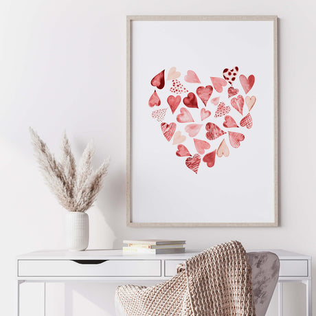 Watercolor hearts in heart print for valentine's day decor, pink home decor, red home decor, love home decor.