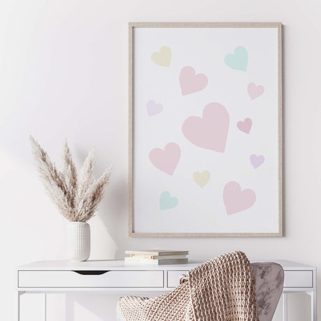 Watercolor pastel hearts printable in pink, yellow, turquoise colors for valentine's day decor, pink home decor, red home decor, love home decor.