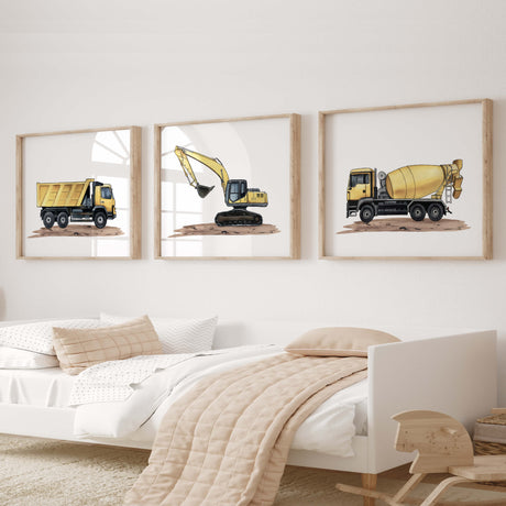 Watercolor yellow construction vehicle nursery print for toddler room decor, baby boys room decor, kids room decor.