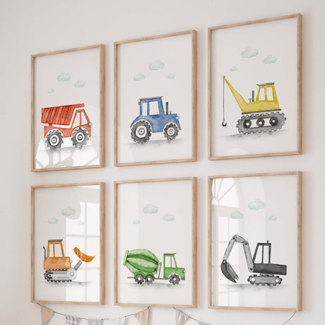 Watercolor colorful construction vehicle print for toddler room decor, baby boys room decor, nursery room decor.