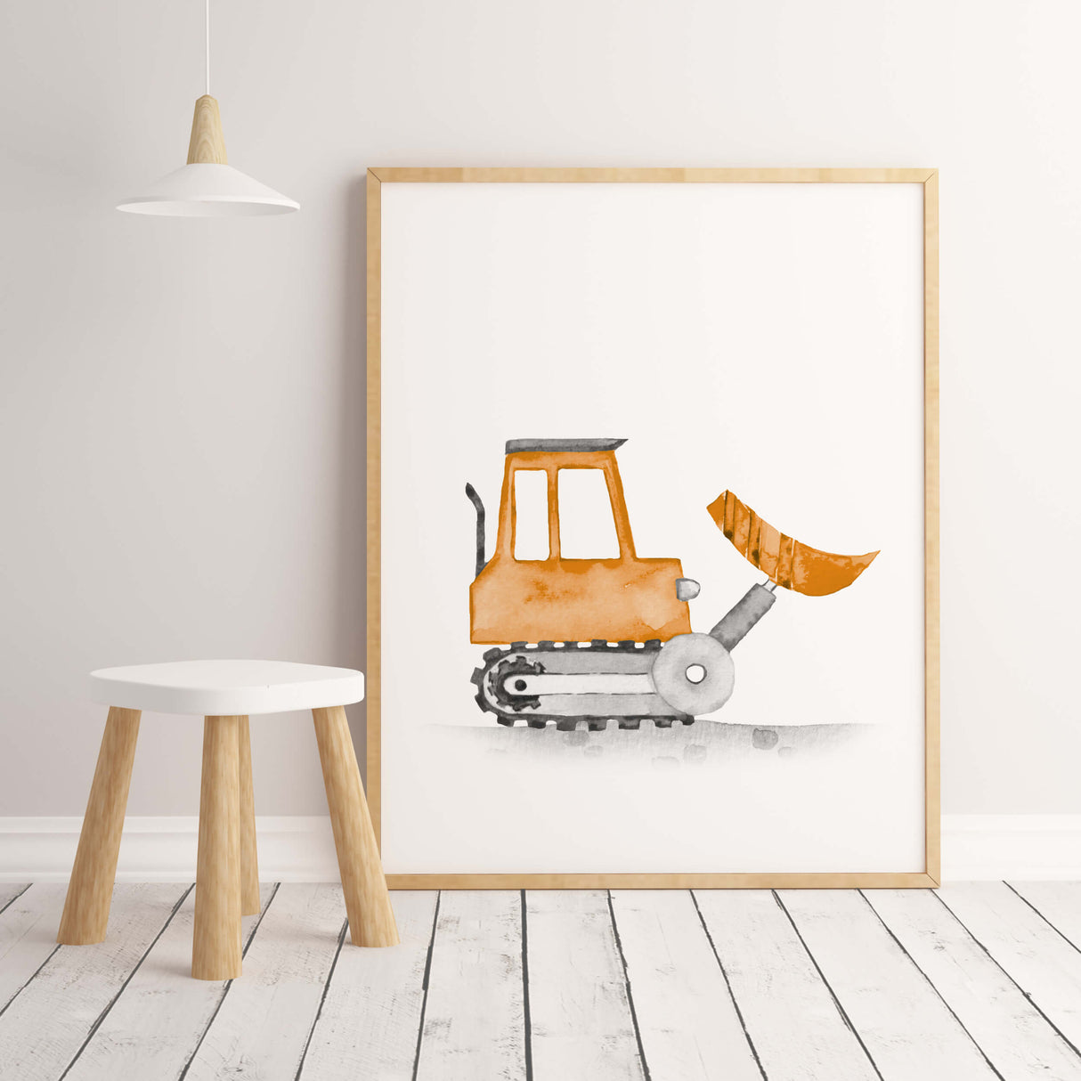 Watercolor colorful construction vehicle printable with bulldozer for baby boys room decor, toddler room decor, nursery decor, vehicles: tractor, cement mixer, crane, digger, dump truck, bulldozer.