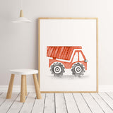 Watercolor colorful construction vehicle print with dump truck for baby boys room decor, toddler room decor, nursery decor, vehicles: tractor, cement mixer, crane, digger, dump truck, bulldozer.