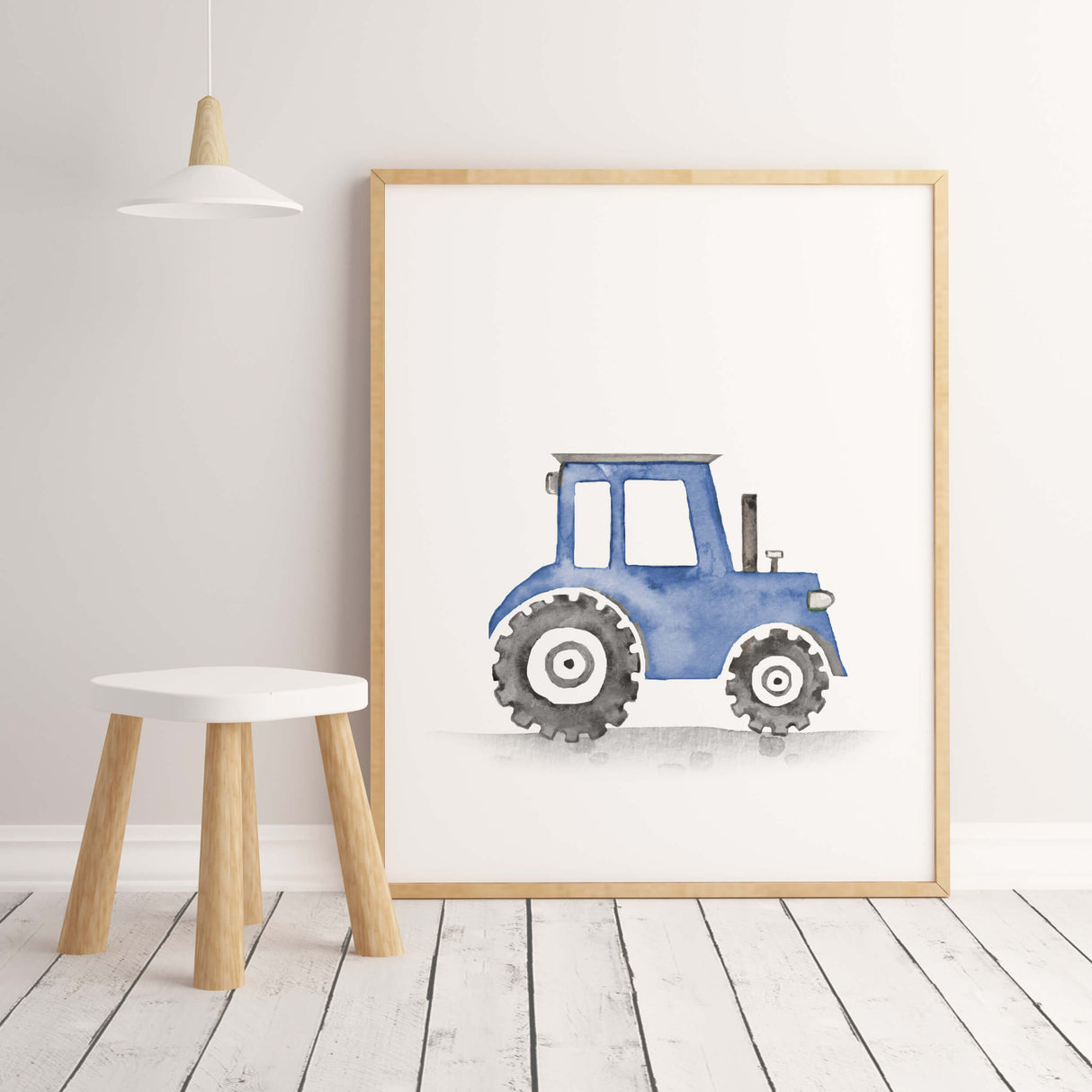 Watercolor colorful construction vehicle poster with tractor for baby boys room decor, toddler room decor, nursery decor, vehicles: tractor, cement mixer, crane, digger, dump truck, bulldozer.