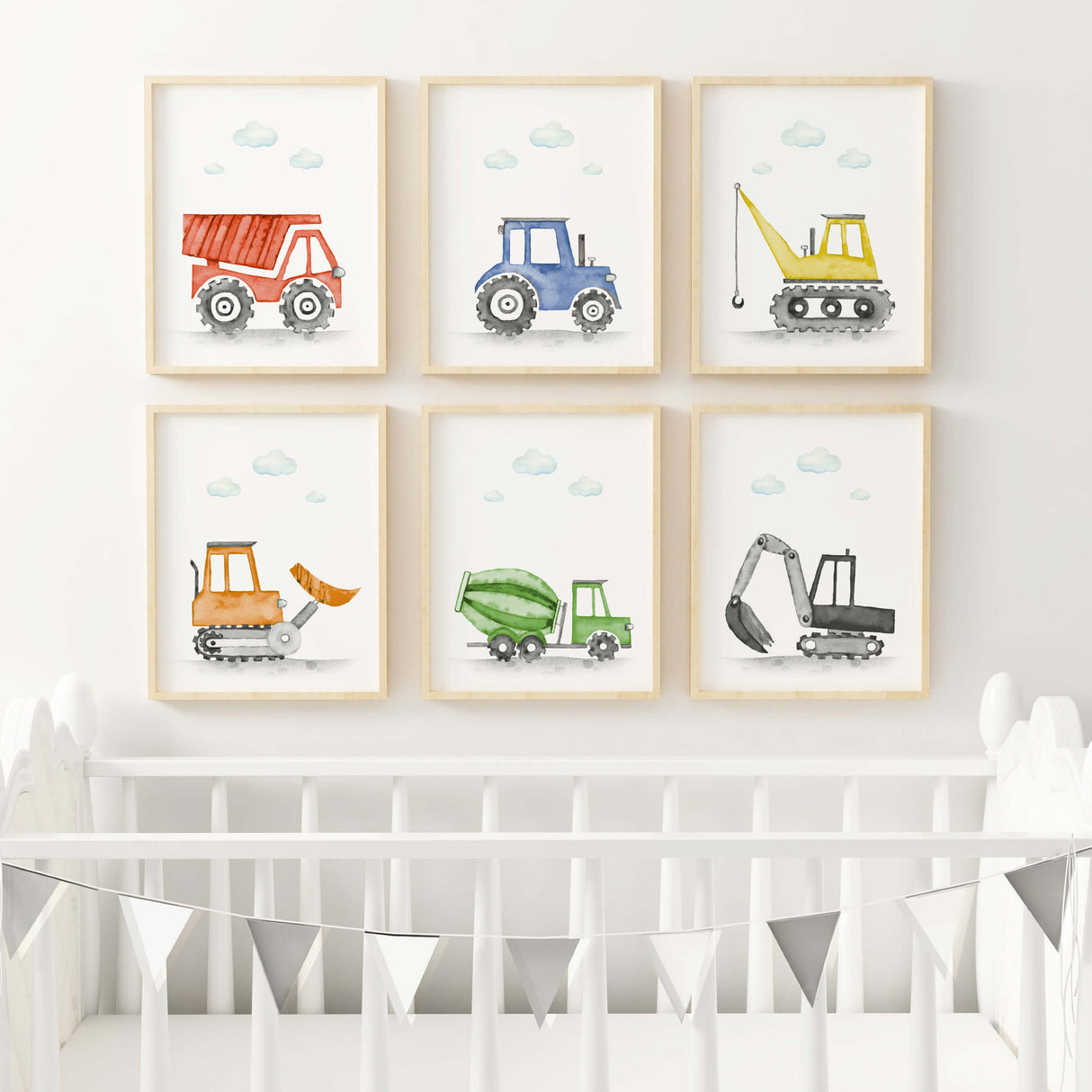 Watercolor colorful construction vehicle poster for toddler room decor, baby boys room decor, nursery room decor.