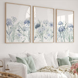 Watercolor light blue purple wildflower print for neutral home decor.