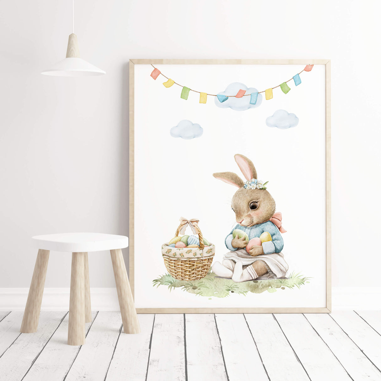 Watercolor easter nursery printable with vintage bunny for nursery easter decor, gender neutral nursery easter decor.