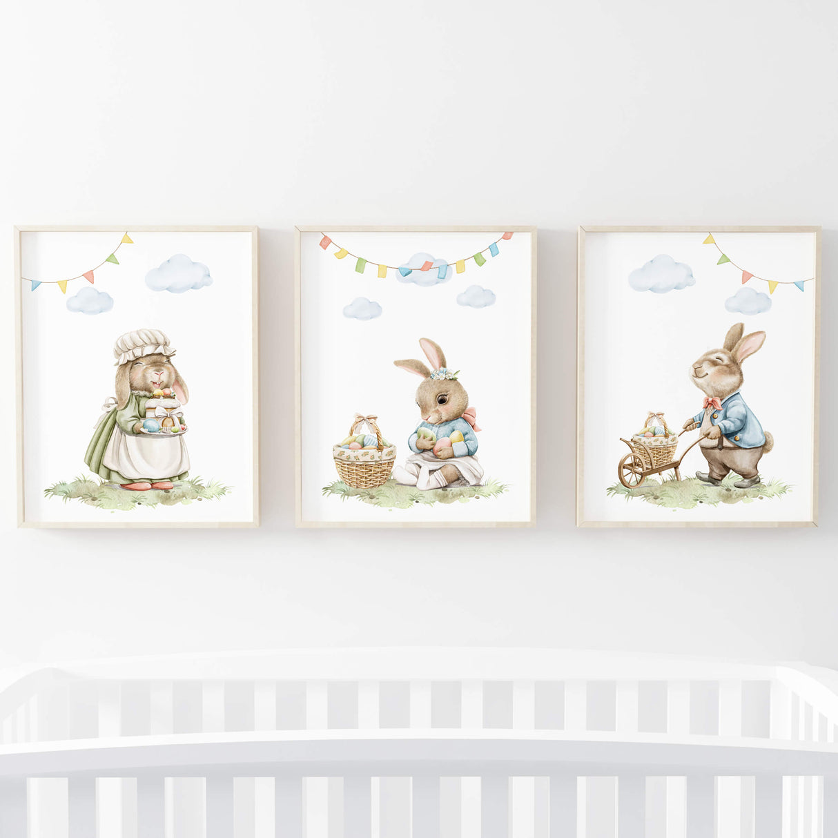 Watercolor easter nursery poster with vintage bunny and eggs for nursery easter decor, gender neutral nursery easter decor.