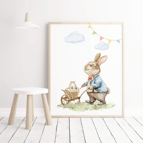 Watercolor easter nursery print with vintage bunny and eggs for neutral easter nursery decor.