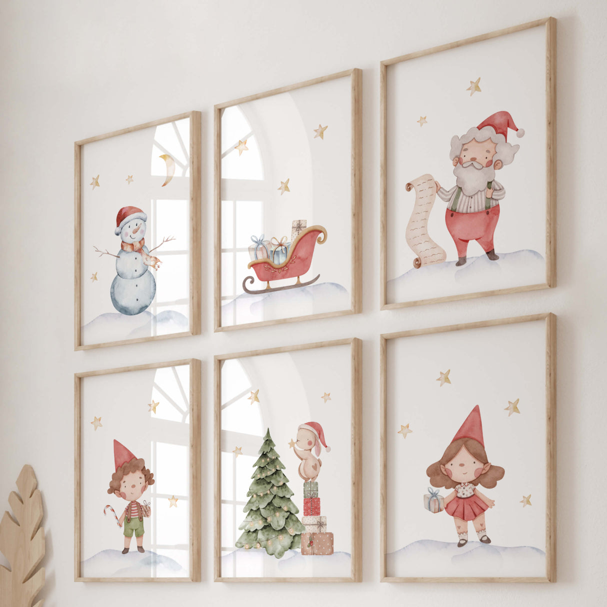 Set of 6 watercolor christmas nursery printable with snowman, christmas tree, gift box, sled,little girl, little boy, bunny for christmas nursery decor 