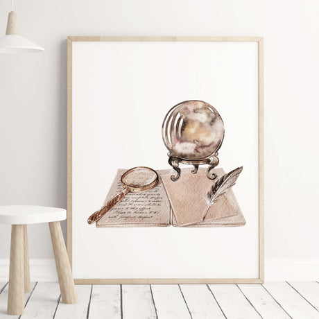 Watercolor wizard print for neutral kids room decor.