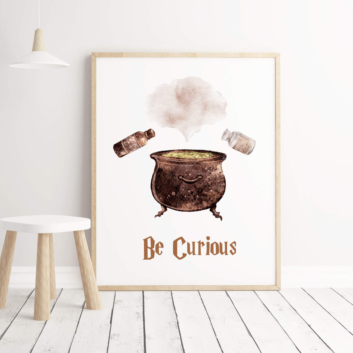 Watercolor wizard print with be curious inspirational quote for neutral kids room decor.