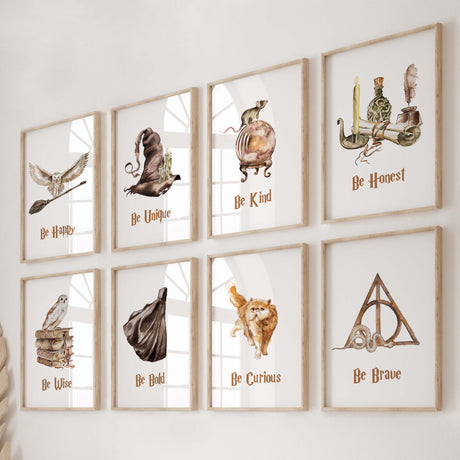 Set o 8 watercolor wizard poster for neutral kids room decor.