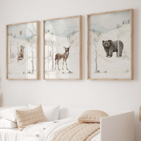 Winter landscape print with woodland animal for gender neutral nursery ideas and neutral christmas nursery decor, includes animals: fox, deer, bear and owl.