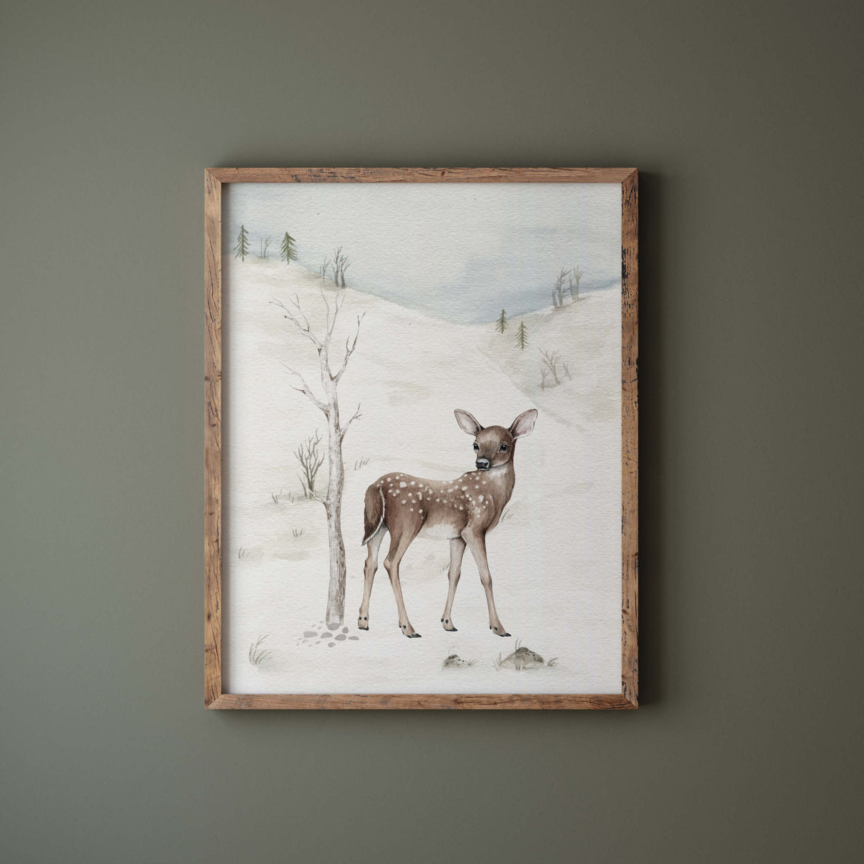 Winter landscape print with deer for gender neutral nursery ideas and neutral christmas nursery decor.