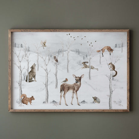 Watercolor winter landscape nursery print with woodland animal for gender neutral christmas nursery  and kids decor and sage green room decor.